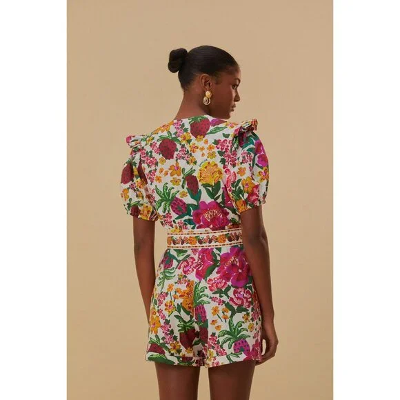 FARM RIO Romper XL Floral Off-White Flowerful Sketch Belted NEW - Picture 3 of 16